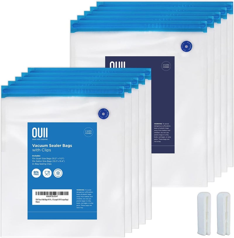OUII Reusable Sous Vide Bags – 20 BPA-Free Quart and Gallon Size – Freezer Safe Vacuum Sealer Food Storage – Compatible with Joule, Anova, and All Sous Vide Machines - Image 1